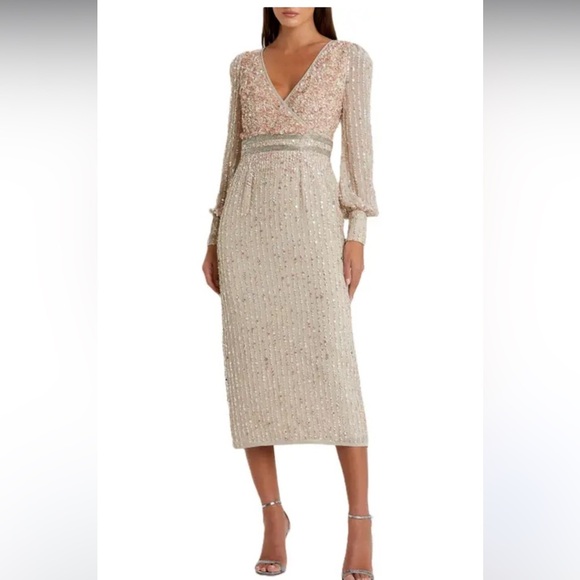 Mac Duggal fully sequined 3/4 ruffle tier sleeve dress NWT